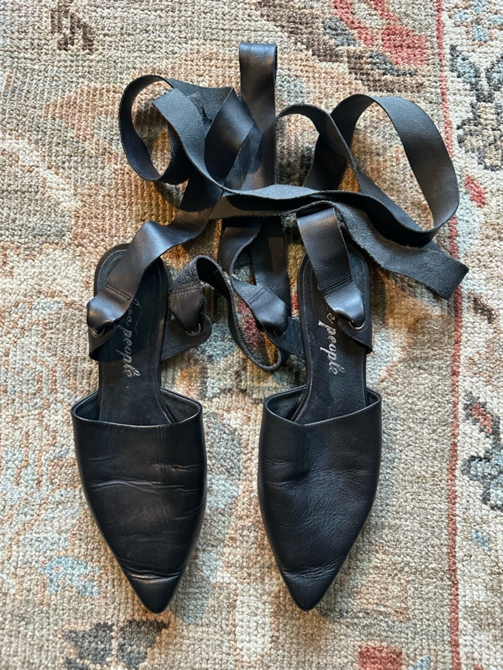 Free People Black Leather Pointed Wrap-ankle Flats